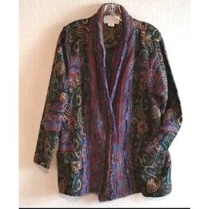 LEONIAK Vintage Sparkle Tapestry Paisley Open Sweater Jacket Top Cardigan Medium